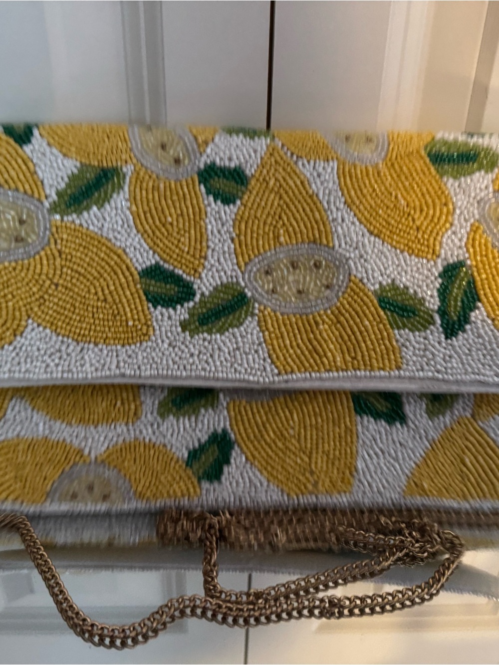 Antik Kraft Hand-Beaded Print Clutch Bag in Yellow and White
